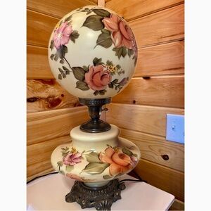 Vintage Loevsky & Loevsky WMC 1971 Double Globe Painted Floral Art Glass Lamp